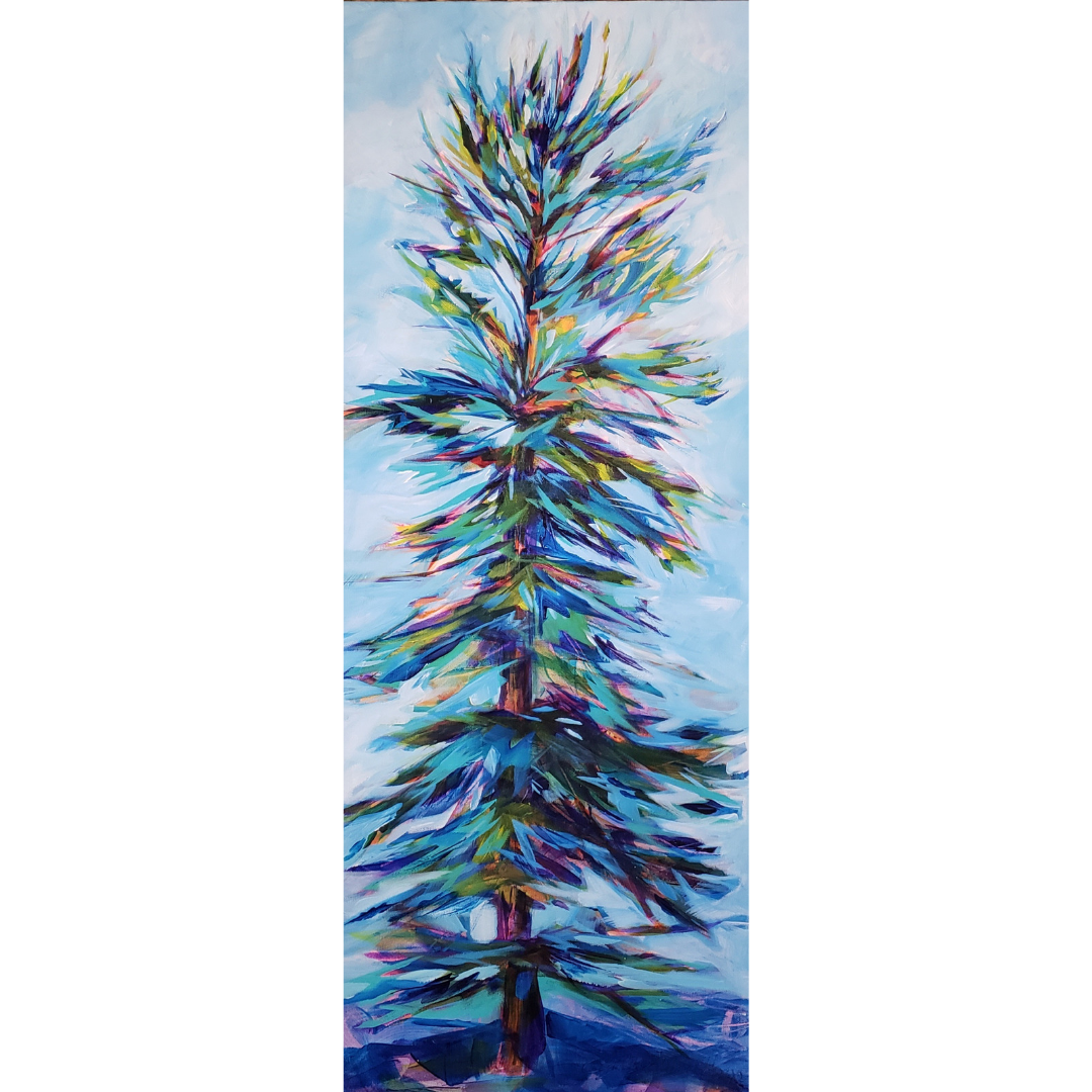 Abstract painting of a tall tree with colorful leaves against a light blue sky.