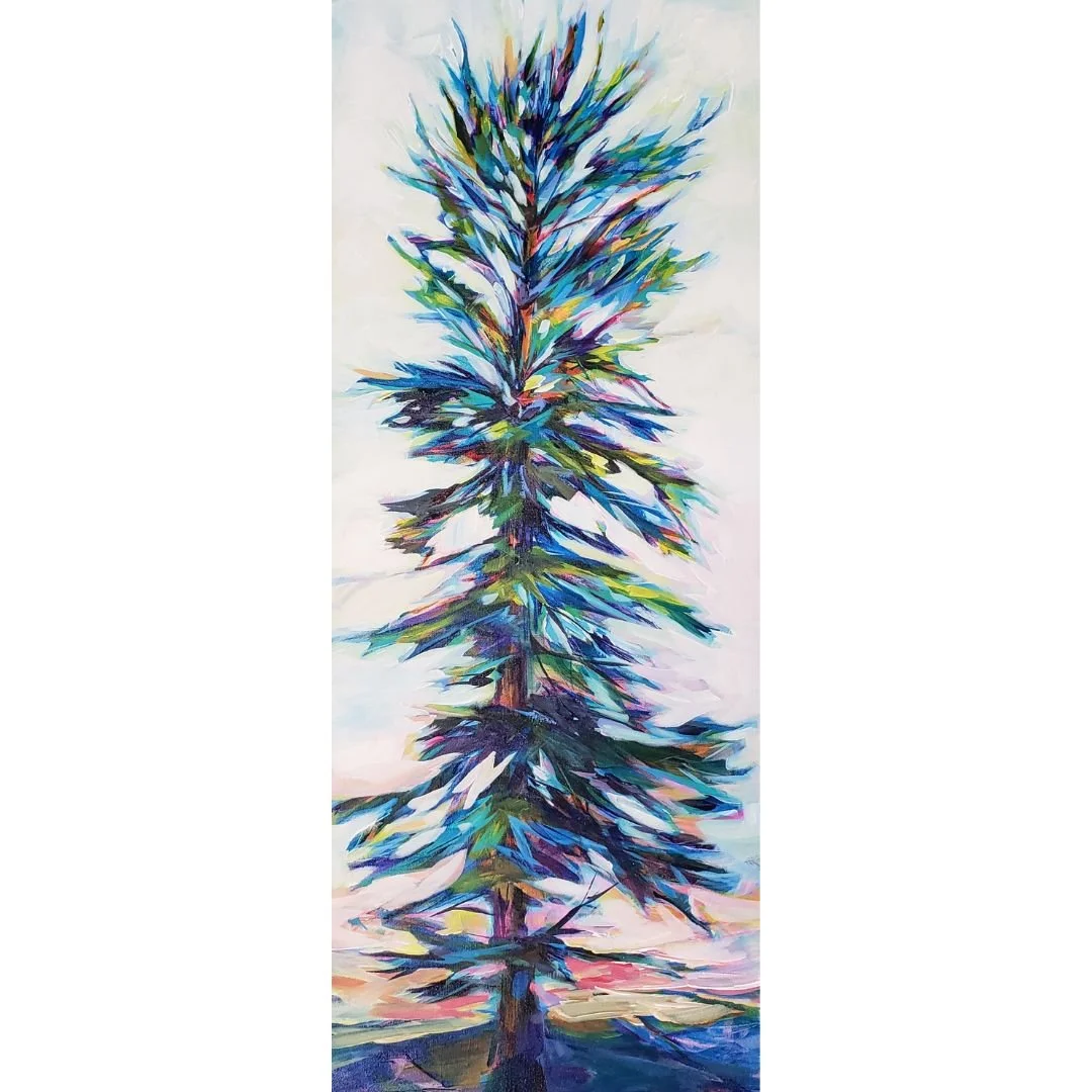 Abstract painting of a tall pine tree with colorful leaves against a sunset sky.