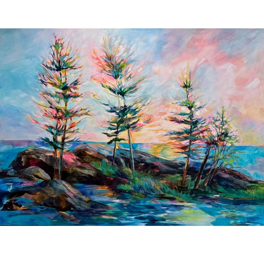 Colorful painting of trees near water with rocks, featuring a vibrant, abstract style and a sunset sky.