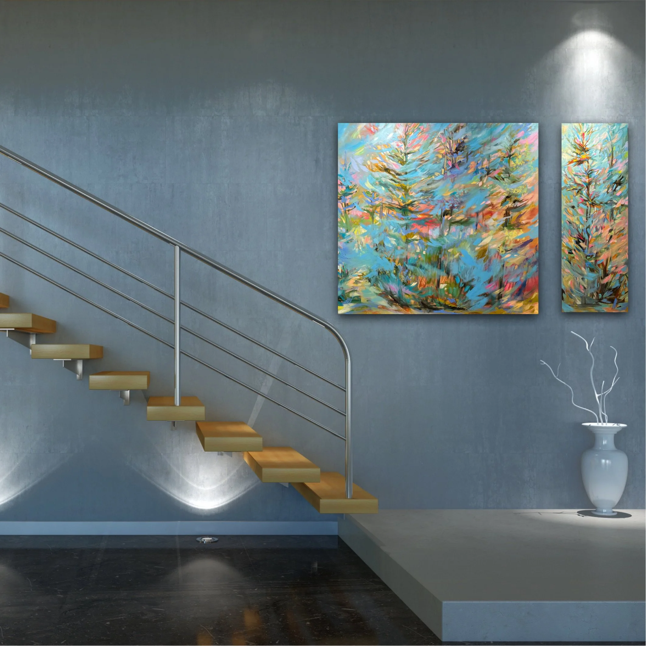 Modern interior with a metal and wooden staircase, colorful abstract paintings on a gray wall, and a white vase with branches.