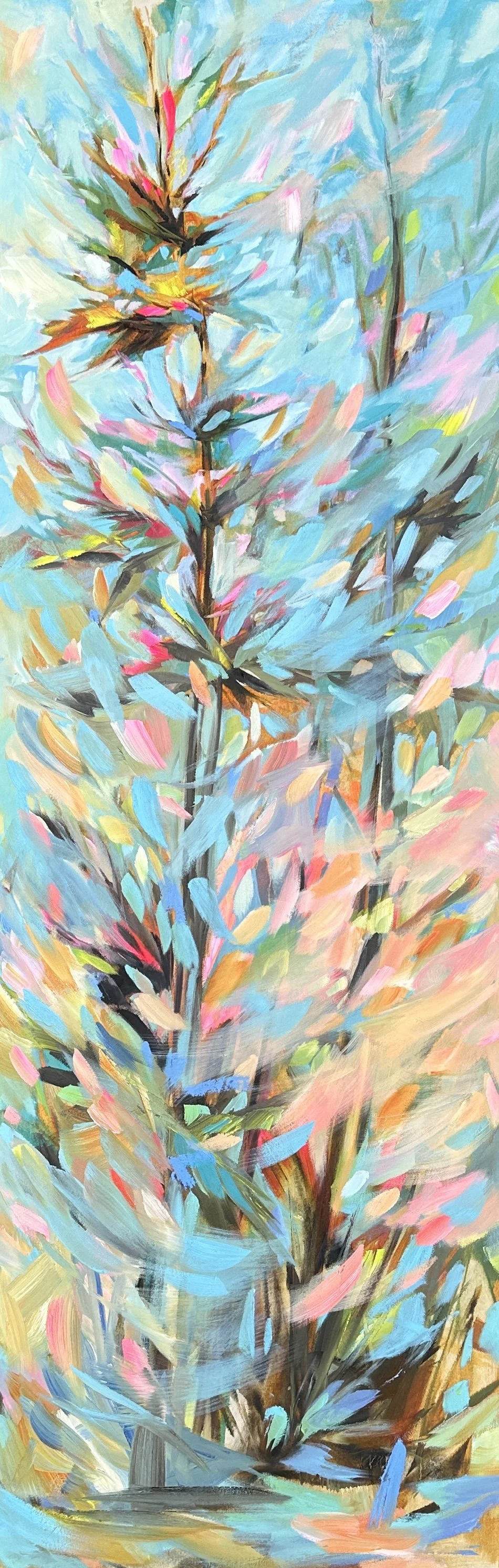 An abstract painting of a plant with colorful leaves in shades of pink, orange, yellow, blue, and green set against a soft pastel background.
