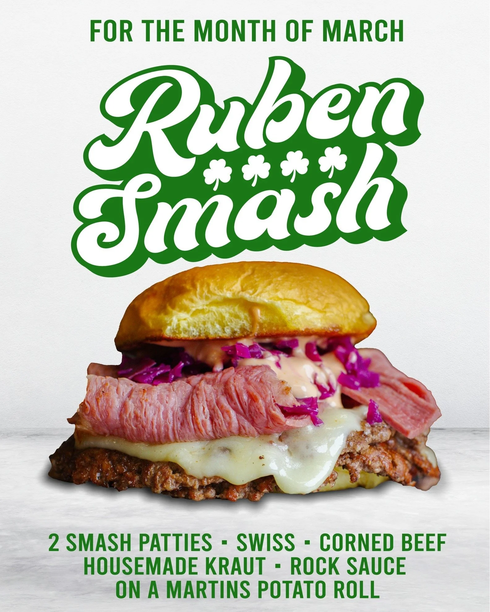 🍀 MARCH SPECIALS HAVE ENTERED THE CHAT 🍀

The Ruben Smash is here.
Two smash patties.
Melted Swiss.
Fresh shaved corned beef.
Housemade kraut.
Rock sauce.
Martin&rsquo;s potato roll.

It&rsquo;s not subtle. It&rsquo;s not light. It&rsquo;s not for 
