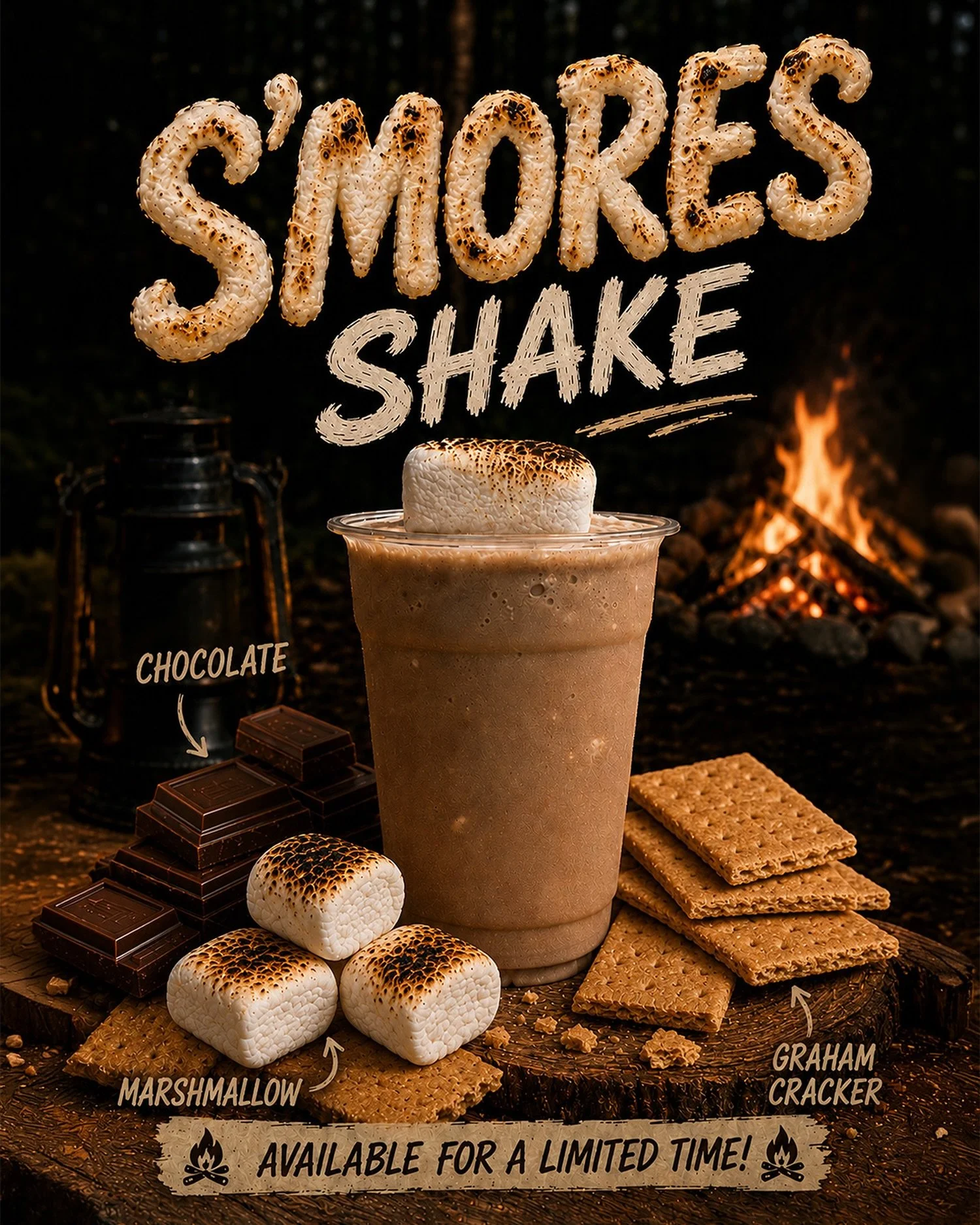 🔥 NEW FEATURE SHAKE ALERT 🔥

Campfire nights, sticky fingers, and the best part of a s&rsquo;more &mdash; blended into one ridiculously good shake.

🍫 Chocolate
🔥 Toasted Marshmallow
🍪 Graham Cracker

Topped with a flame-kissed marshmallow and p