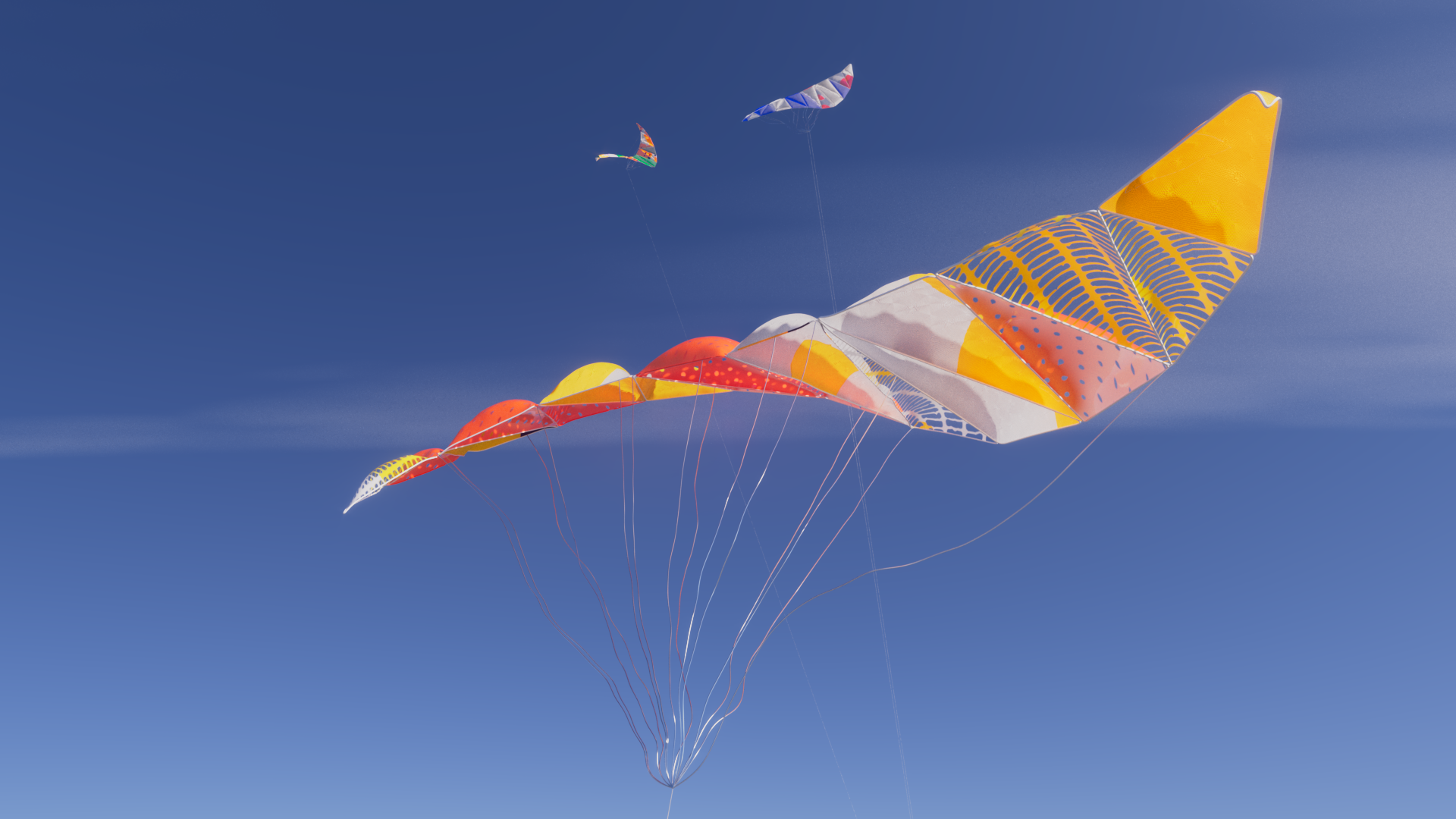 Kite design exploration testing shape and material combinations, Houdini and Redshift