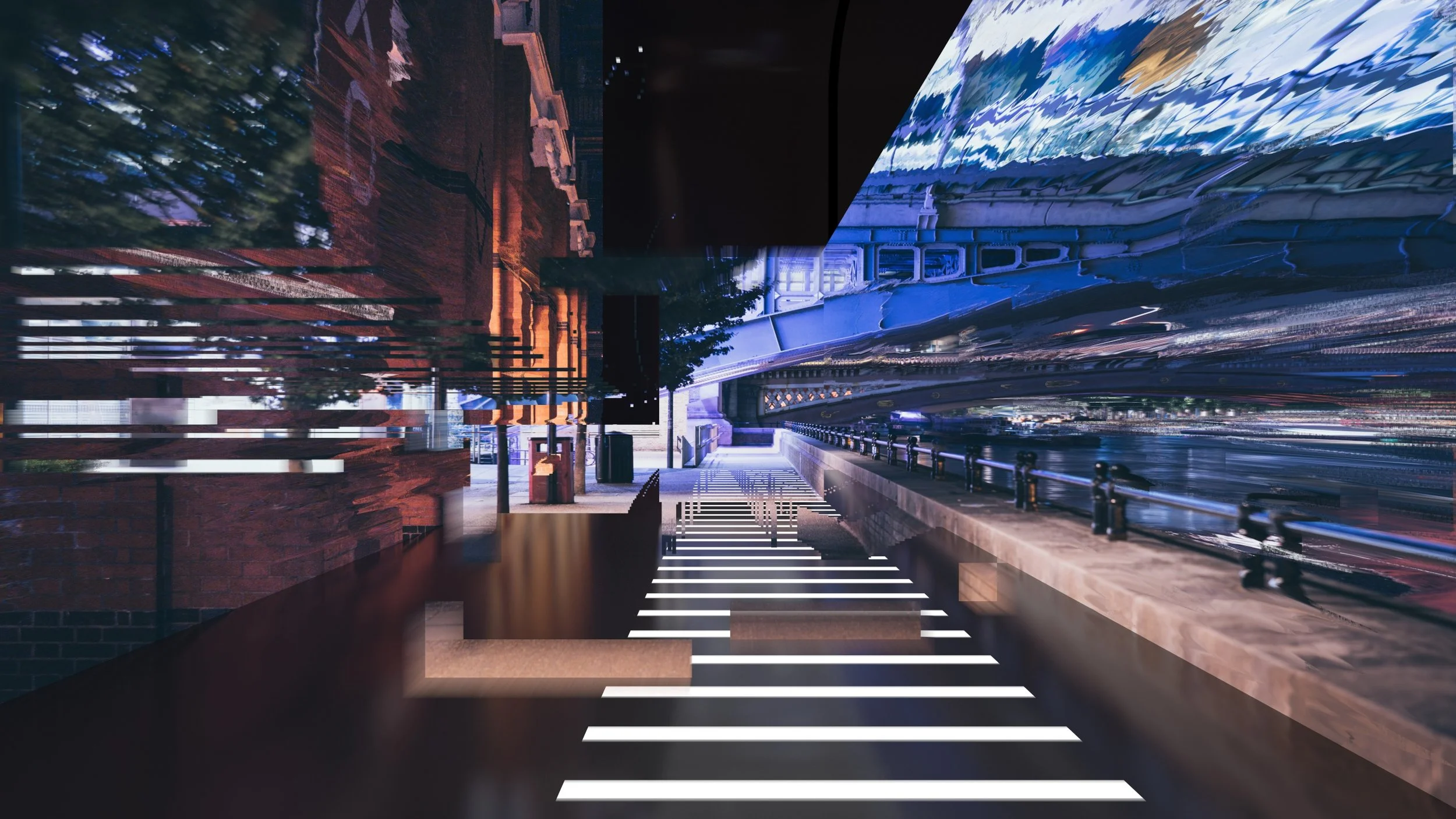 Final look development render for Adidas Running Lab showing photographic collage on procedural city geometry, Houdini and Redshift