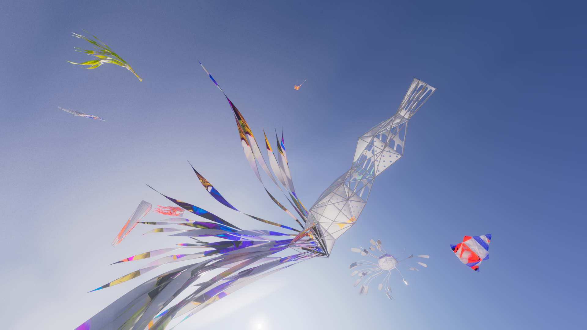 Triangle kite base shape with cloth panels and wireframe structure, Houdini and Redshift