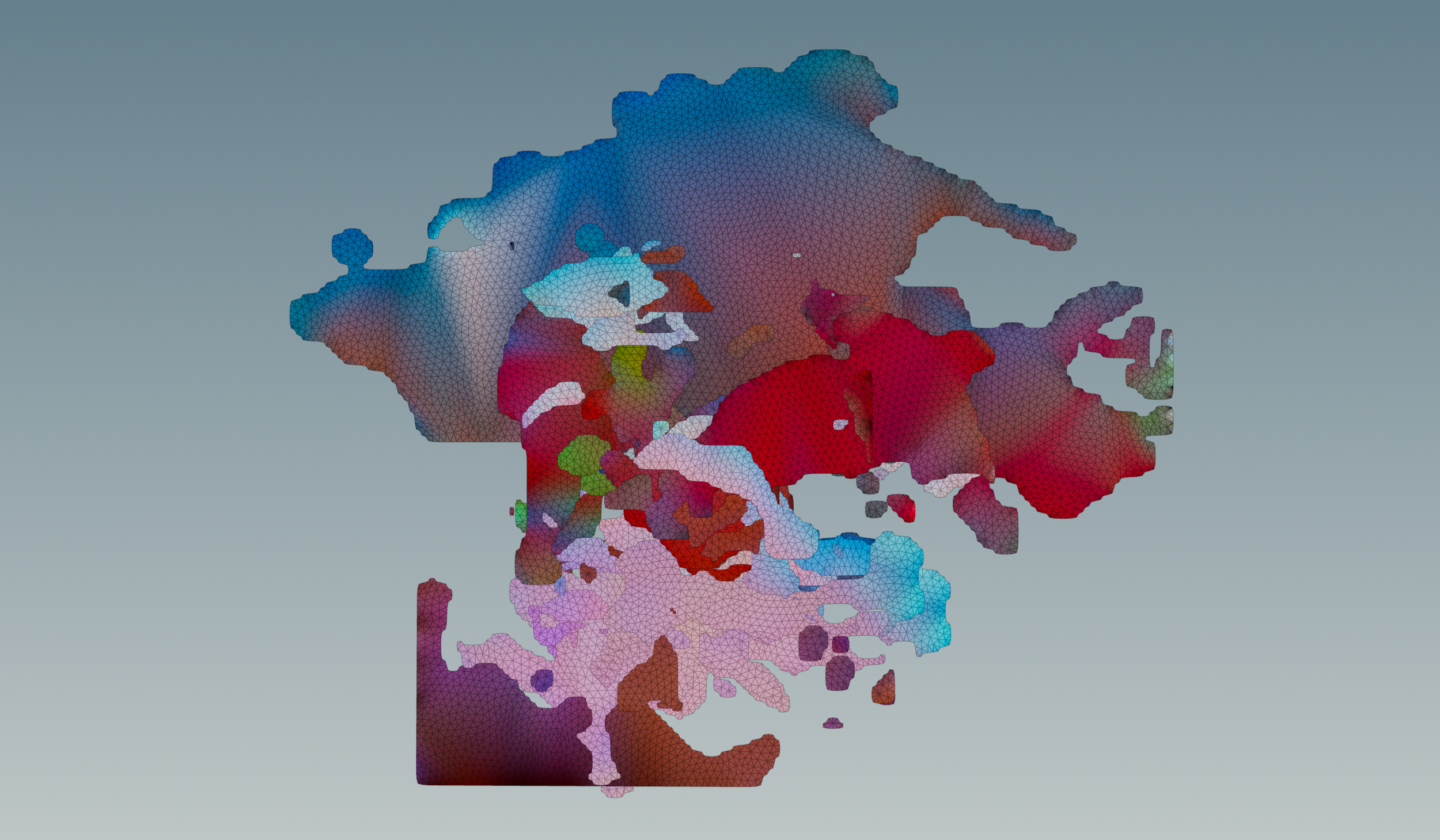 Colour regions separated into individual geometry pieces with triangulated mesh, Houdini viewport