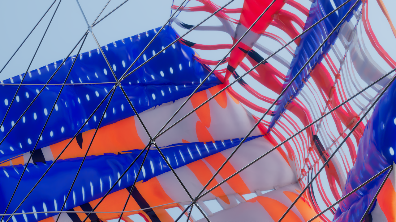 Close-up detail of kite cloth panels and stitching, Houdini and Redshift