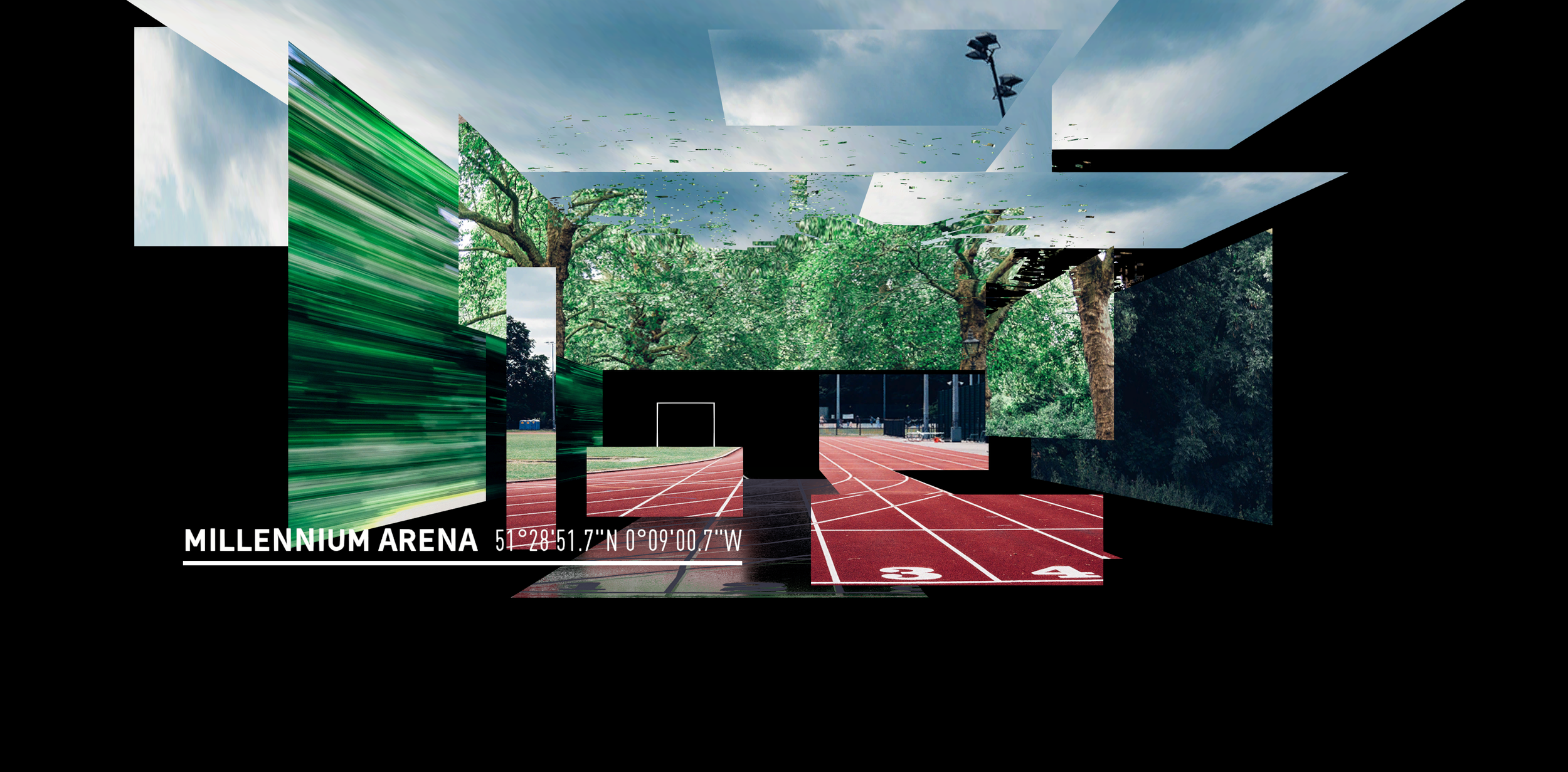 Final real-time running experience showing collage cityscape in Unity