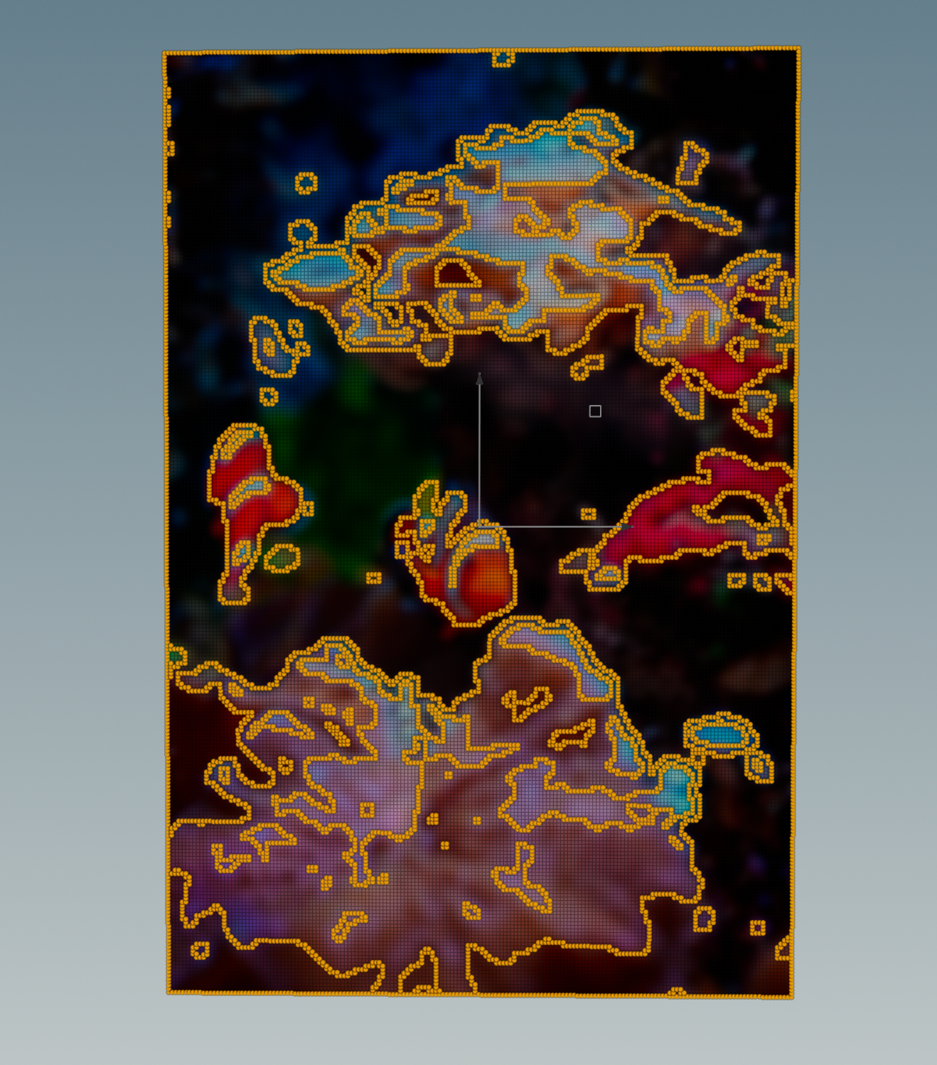 Aquarium photograph segmented into colour regions with orange contour outlines on point grid, Houdini viewport