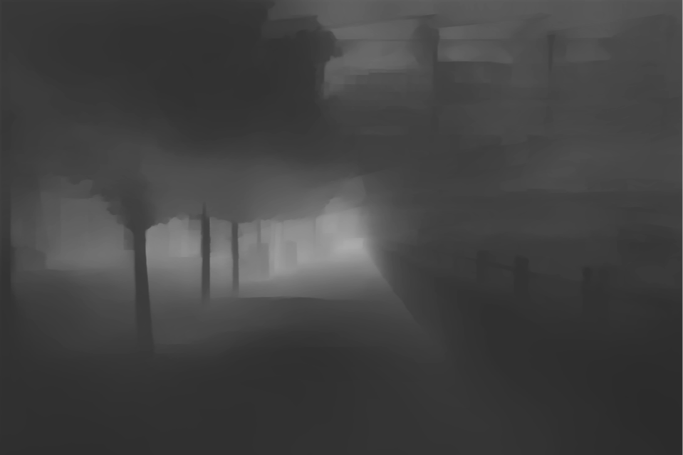 ML-generated depth map from London street photography used for scene transitions