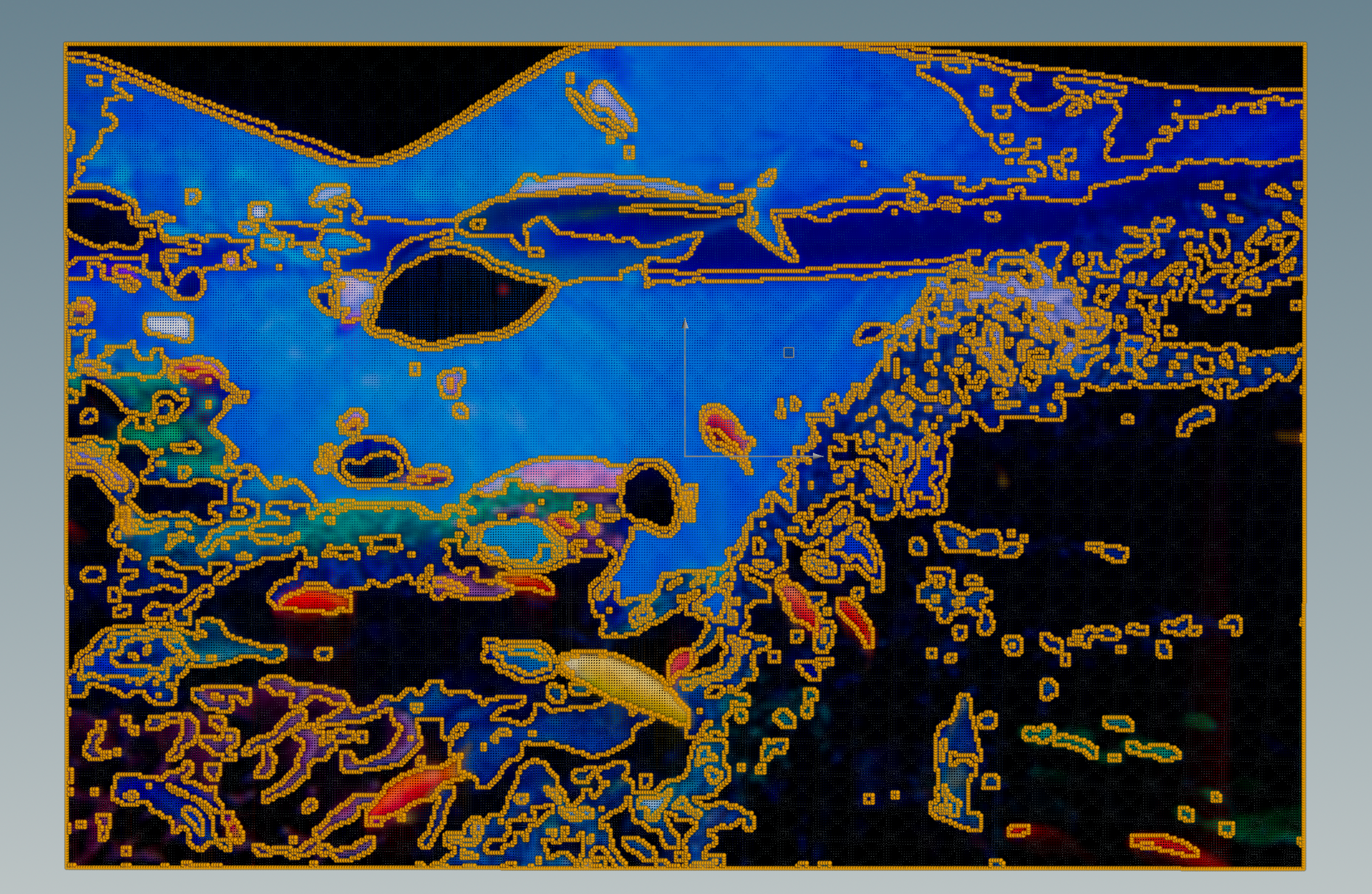 Aquarium photograph with colour regions traced by contour boundaries in Houdini viewport