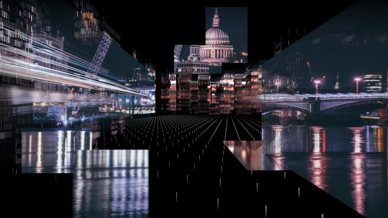 Style frame of procedural collage cityscape with photographic textures on simple geometry, Southbank London, Houdini and Redshift