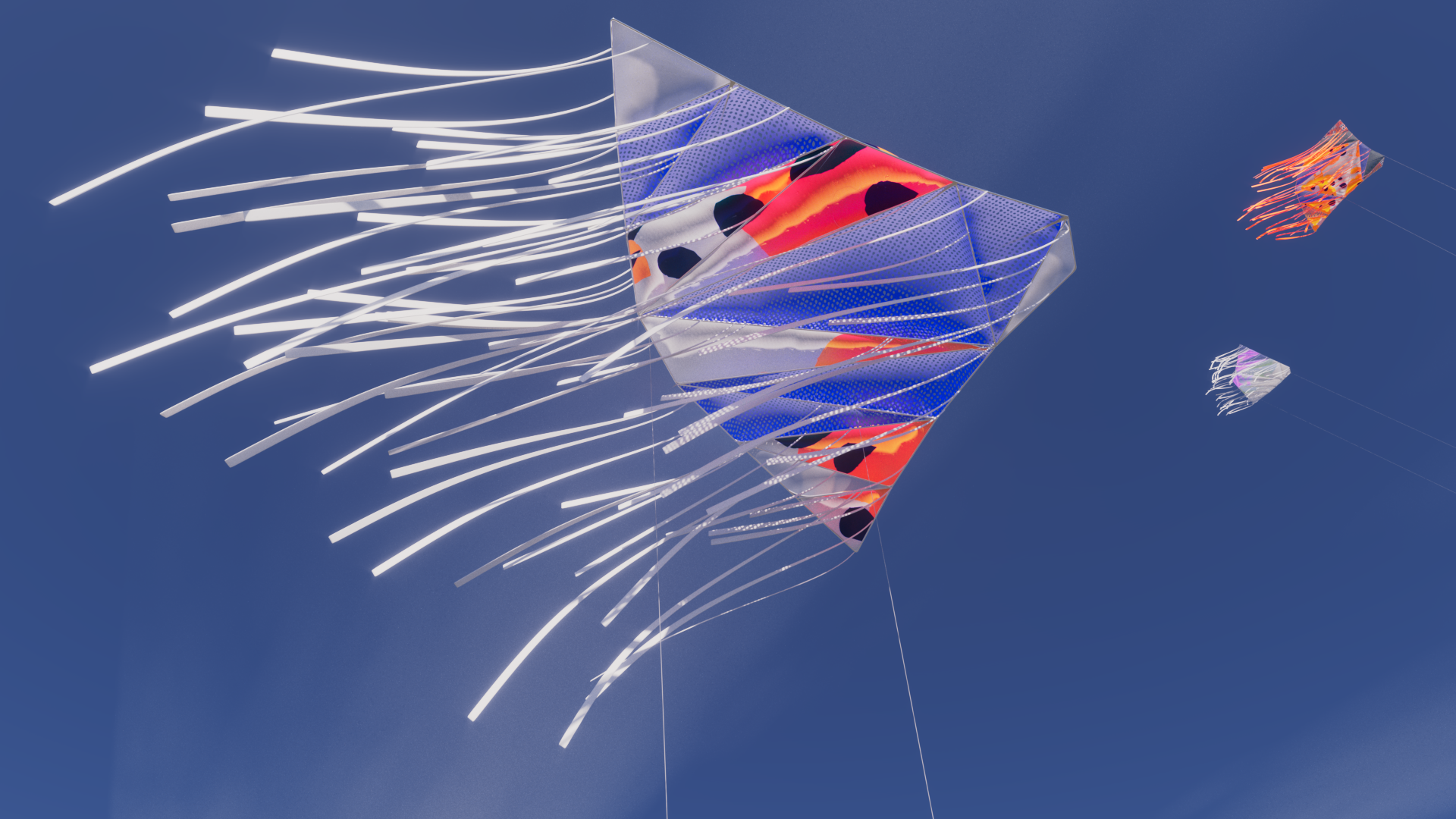 Kite design with rope tails and metallic frame detail, Houdini and Redshift