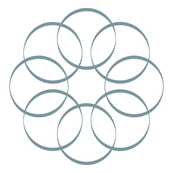 Overlapping metal rings arranged in a circular pattern on a black background.