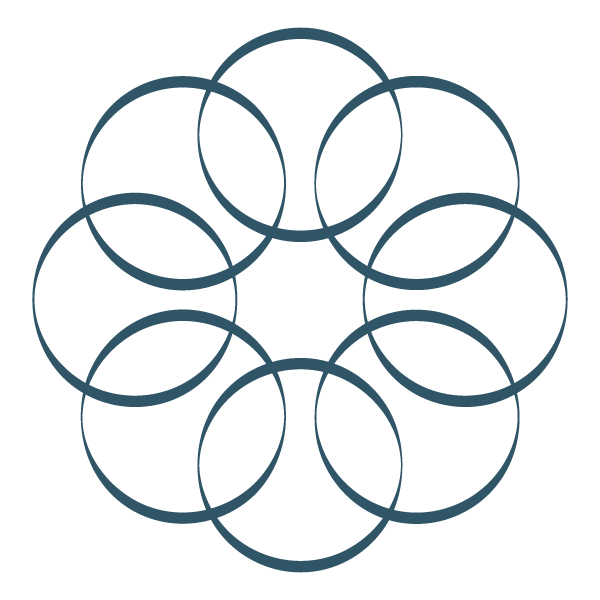 Ten overlapping blue circles arranged in a circular pattern on a black background.