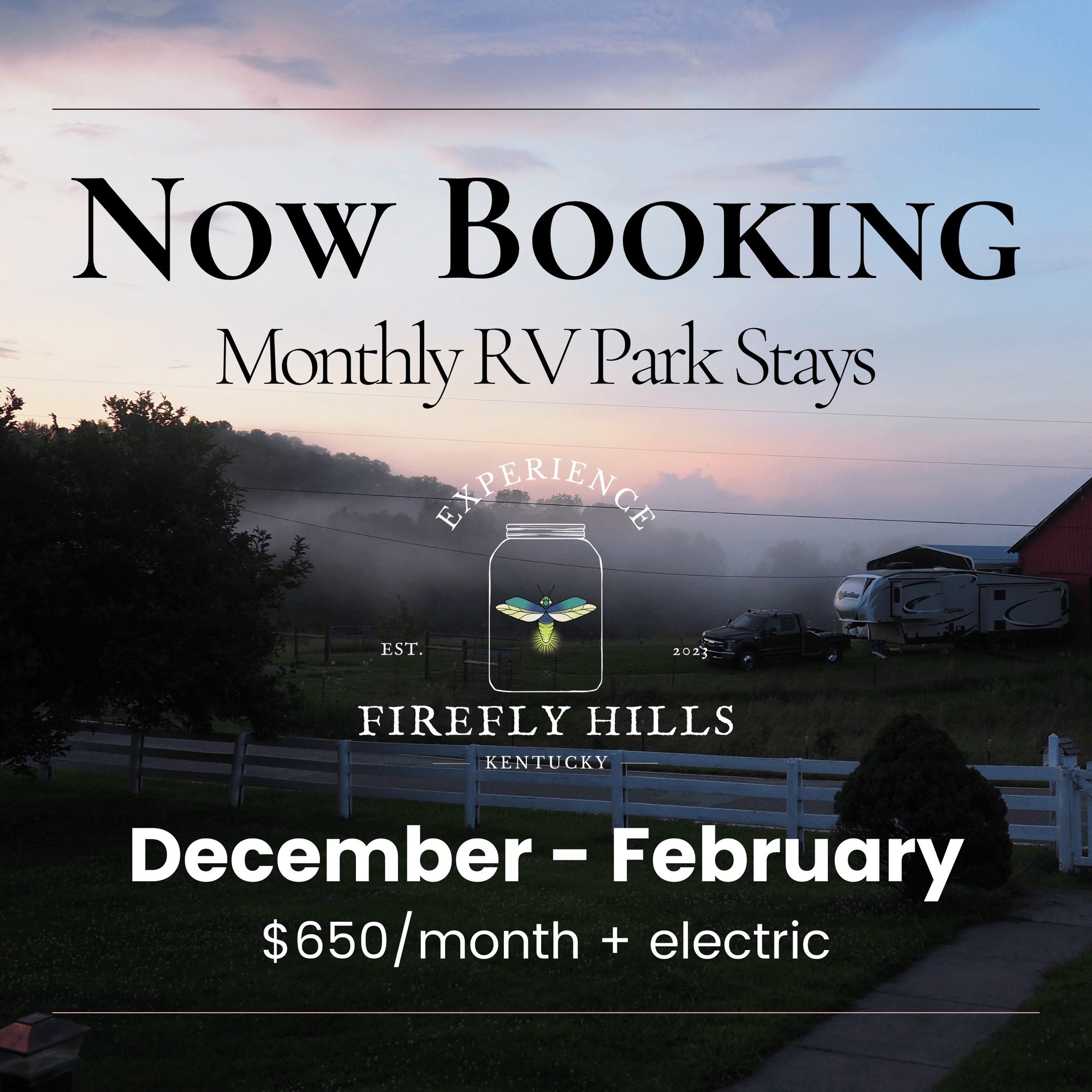 Don&rsquo;t let the chilly weather stop your adventures&mdash;Firefly Hills is open all winter long! 🌟 Whether you&rsquo;re planning a cozy getaway or an extended stay, we&rsquo;ve got options for you:

🏡 Stay in our charming farmhouse&mdash;perfec
