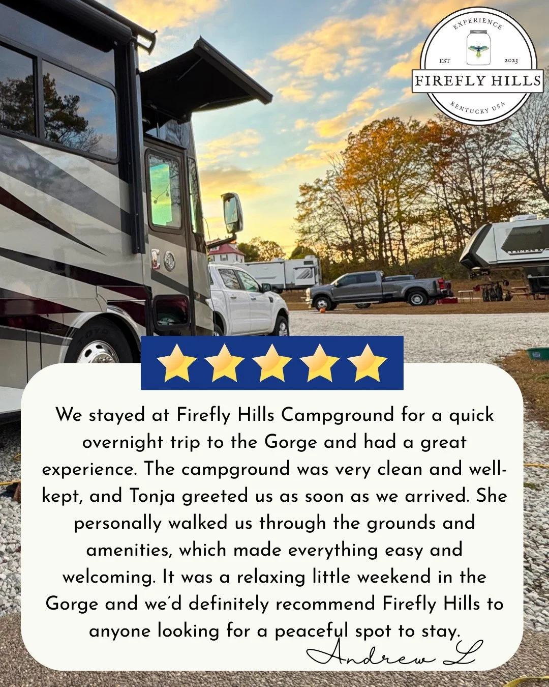 We really appreciate your kind words, Andrew! We love showing our guests all the property has to offer.😍
Hope to see you again next time you're in our neck of the woods! 🌳