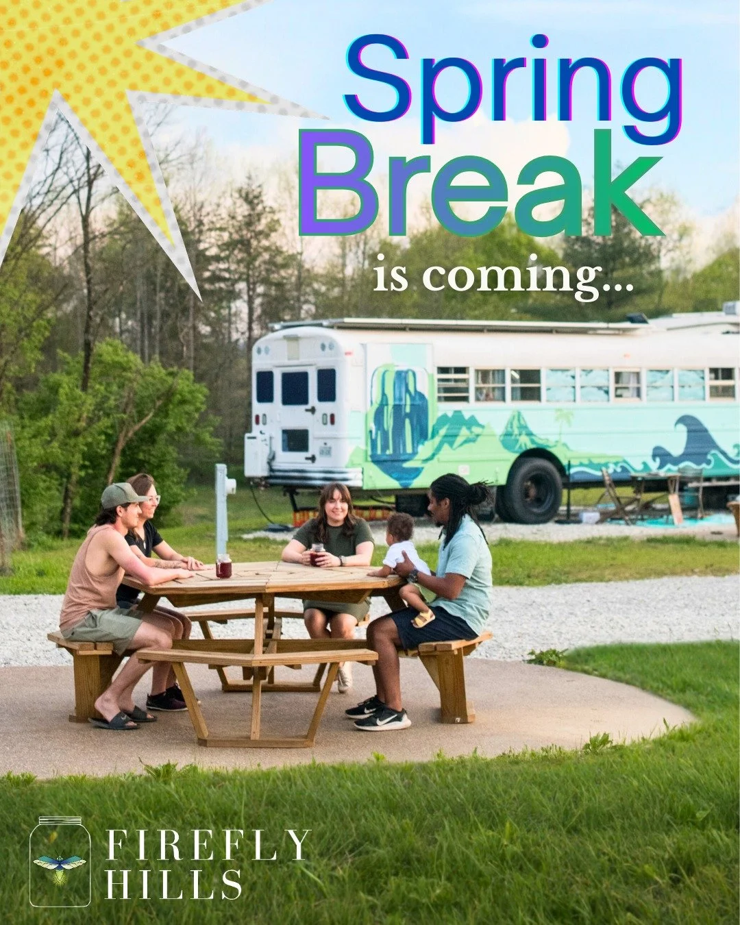 🌞 Spring break is almost here and we can't think of a better place to spend it than camping with us at Firefly Hills! 🌿

💥 Take advantage of our 10% Discount when you stay a week! 💥
🔗 www.fireflyhillskentucky.com

 #fireflyhills #Kentucky #Campi
