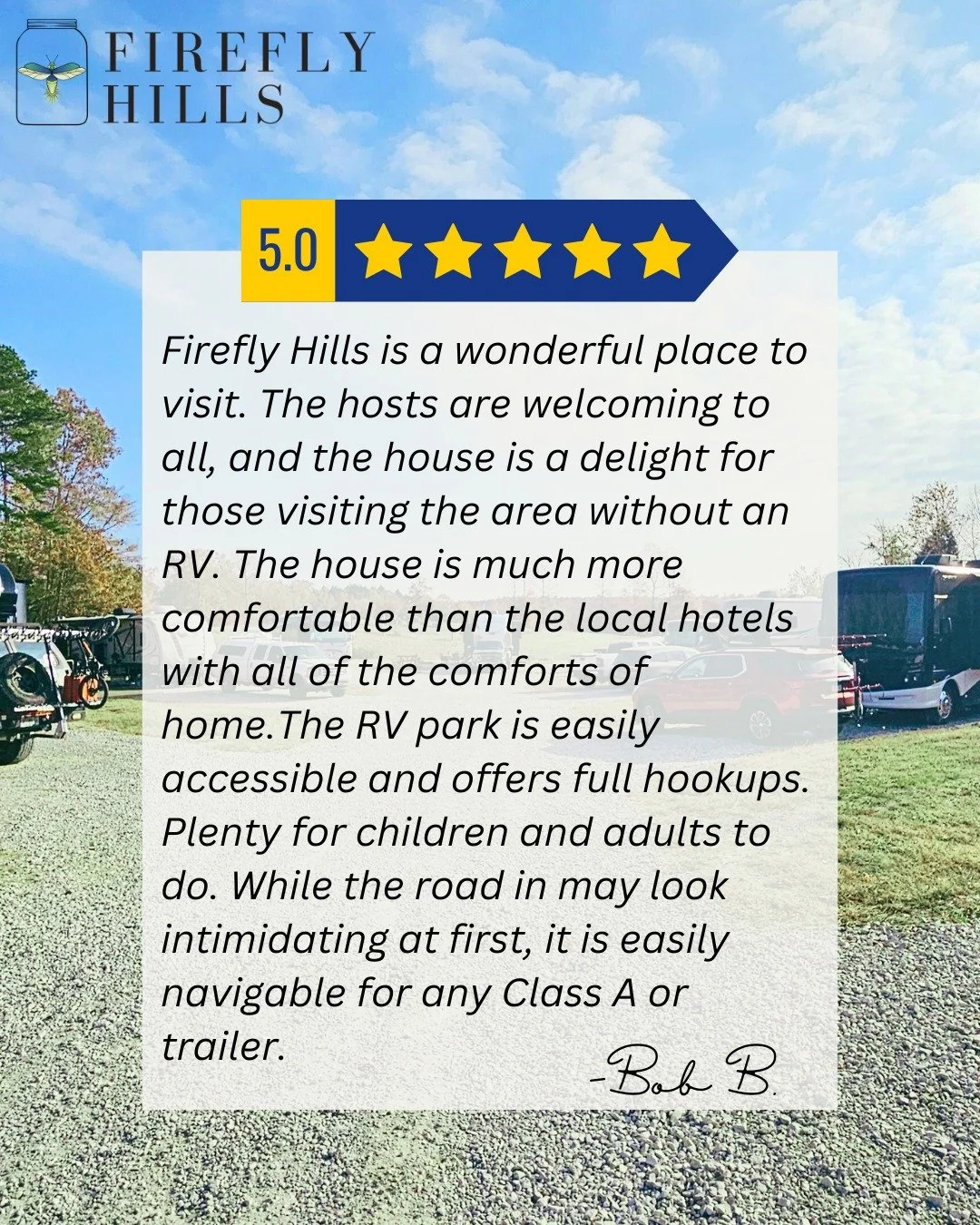 ✨ We always love seeing that our guests feel Firefly Hills is just as wonderful as we do! Thank you for your kind words, Bob! We look forward to seeing you again soon ✨

#fireflyhills #kentucky #camping #googlereview #rvlife #exploremore #redrivergor