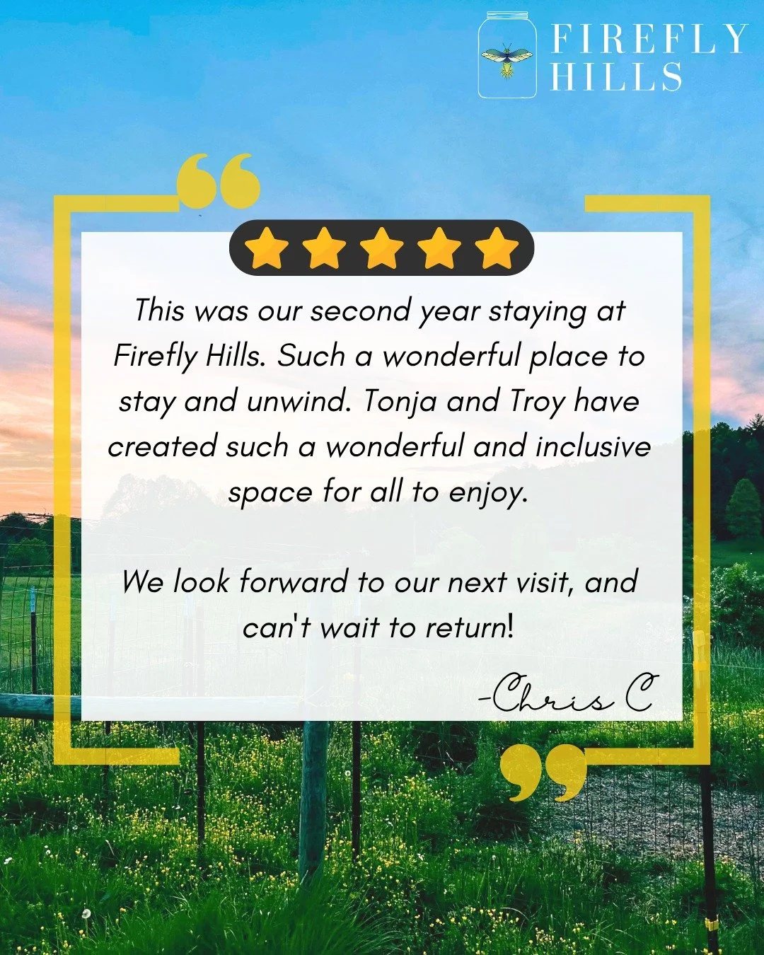 ✨ We appreciate you, Chris! Thanks for coming back to stay with us. We always enjoy having you and also look forward to your next visit! 😃

#fireflyhills #kentucky #camping #googlereview #rvlife #exploremore #redrivergorge #travel