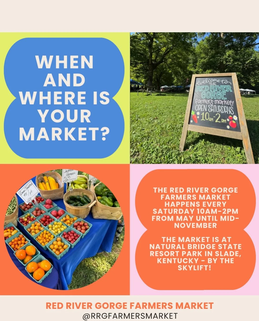 🌻Today kicks off the first Farmer's Market of the season at Red River Gorge Farmers Market! You can find them at the Natural Bridge State Resort Park every Saturday from now until November. It's a great opportunity to support all the local vendors a