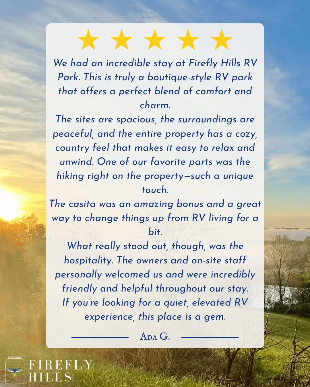 ✨We appreciate your kind words so much and your support helps our business grow, Ada! Thanks so much for being a part of our community and we hope to have you back soon!💚

#fireflyhills #Kentucky #campground #5star #review