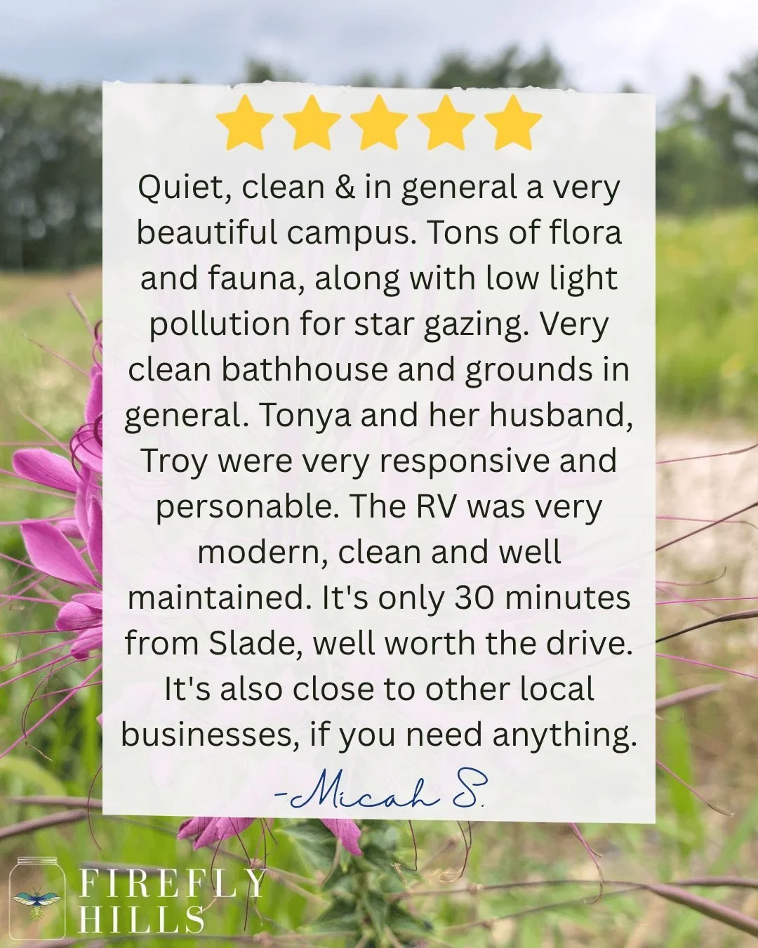 Thank you for the wonderful review, Micah! We love that you enjoyed our facilities and your stay in  our RV rental. Stargazing is always a favorite around here. We hope to welcome you back again soon! 🌟

#FireflyHills #Kentucky #Campground #Review  