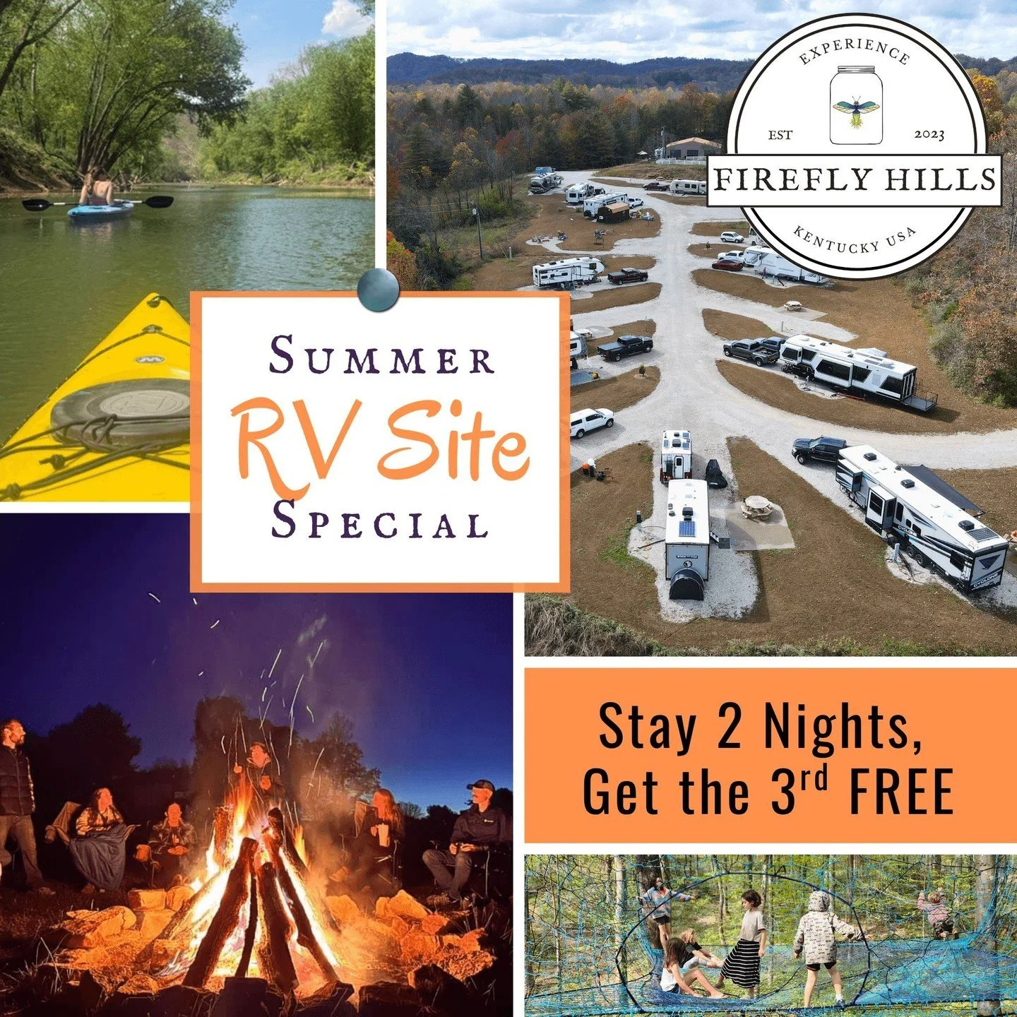 Looking for an easy summer road trip with the kids?

This summer at Firefly Hills, when you book 2 nights on an RV site, your 3rd night is FREE. Use promo code: Summer26

🌞 Available for stays booked in June, July, and August 🌞 

✔ Full hookup RV s
