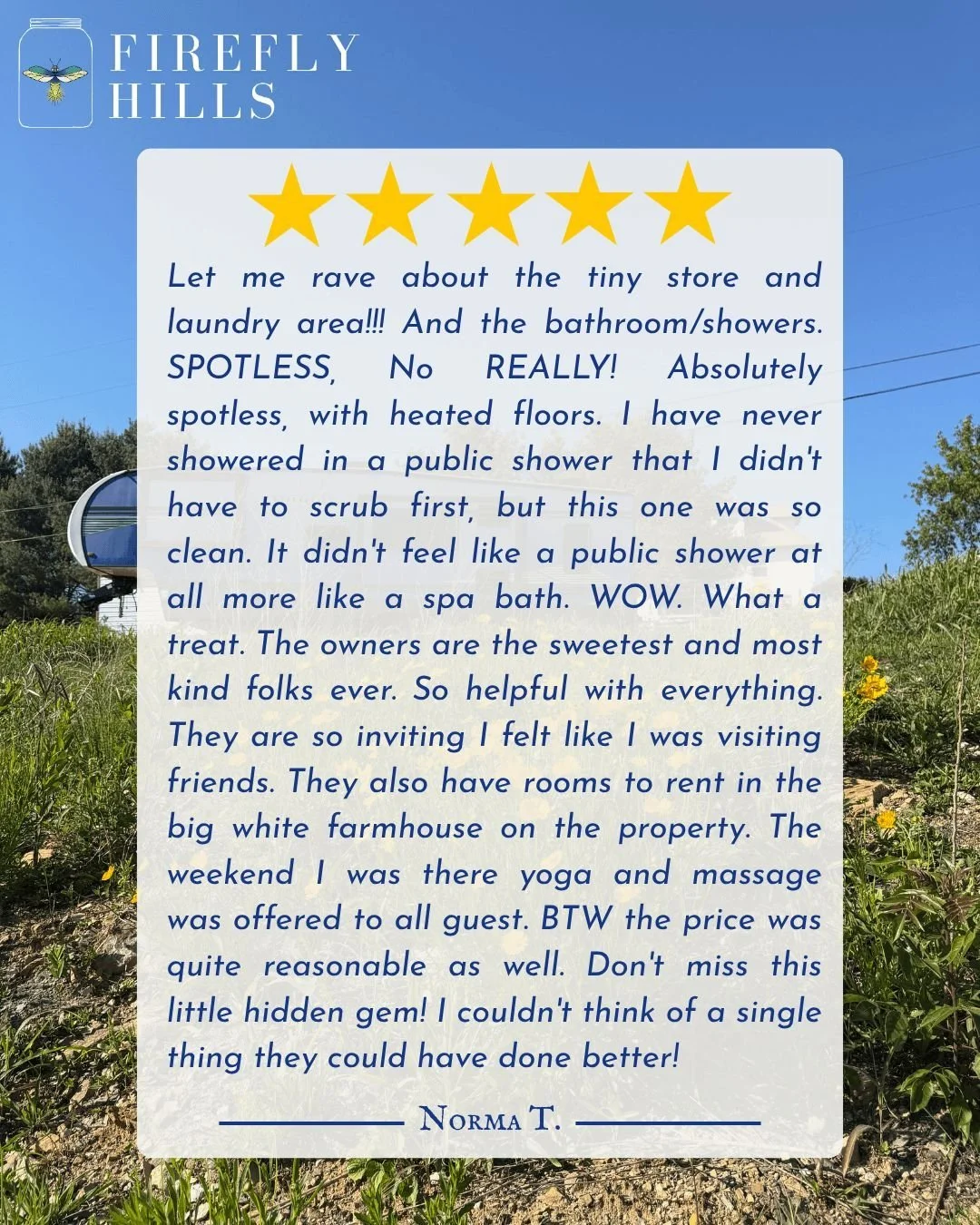 Stars like these make our farm shine even brighter! ⭐️✨
We appreciate this thoughtful 5 star review, Norma! We love making our guests feel like they are visiting with friends. Thank you for calling Firefly Hills a hidden gem! We hope to have you back