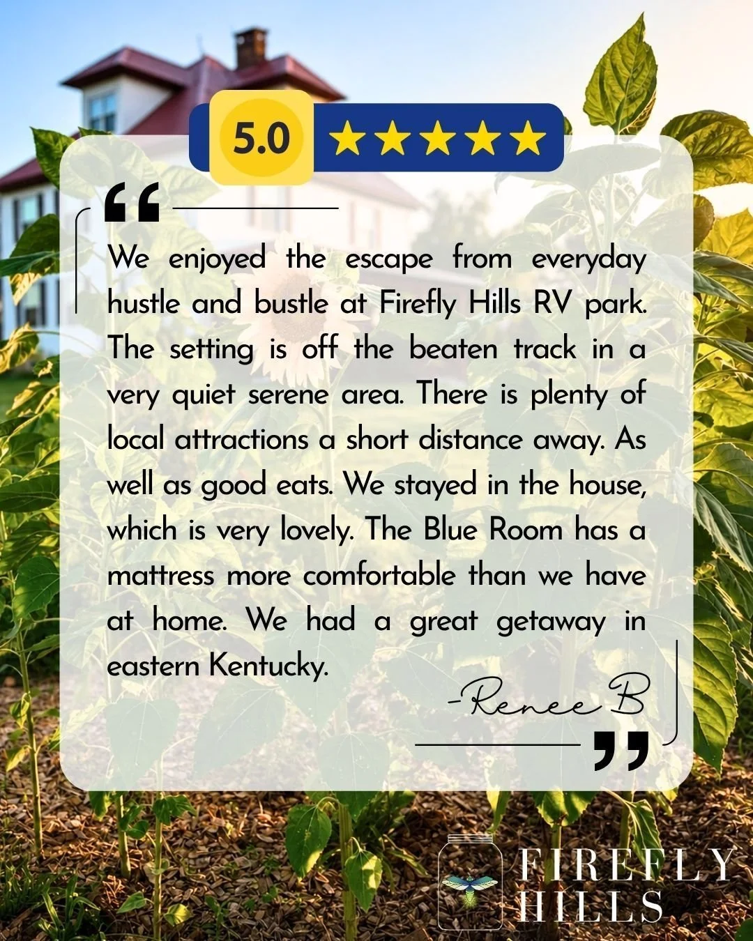 Thank you for this lovely ⭐⭐⭐⭐⭐ review, Renee! 
It's so nice to hear  that you enjoyed your stay in the Blue Room of our farmhouse. We hope to have you back next time you venture to East Kentucky. 💕

Stay With Us:
www.fireflyhillskentucky.com 

#Fir