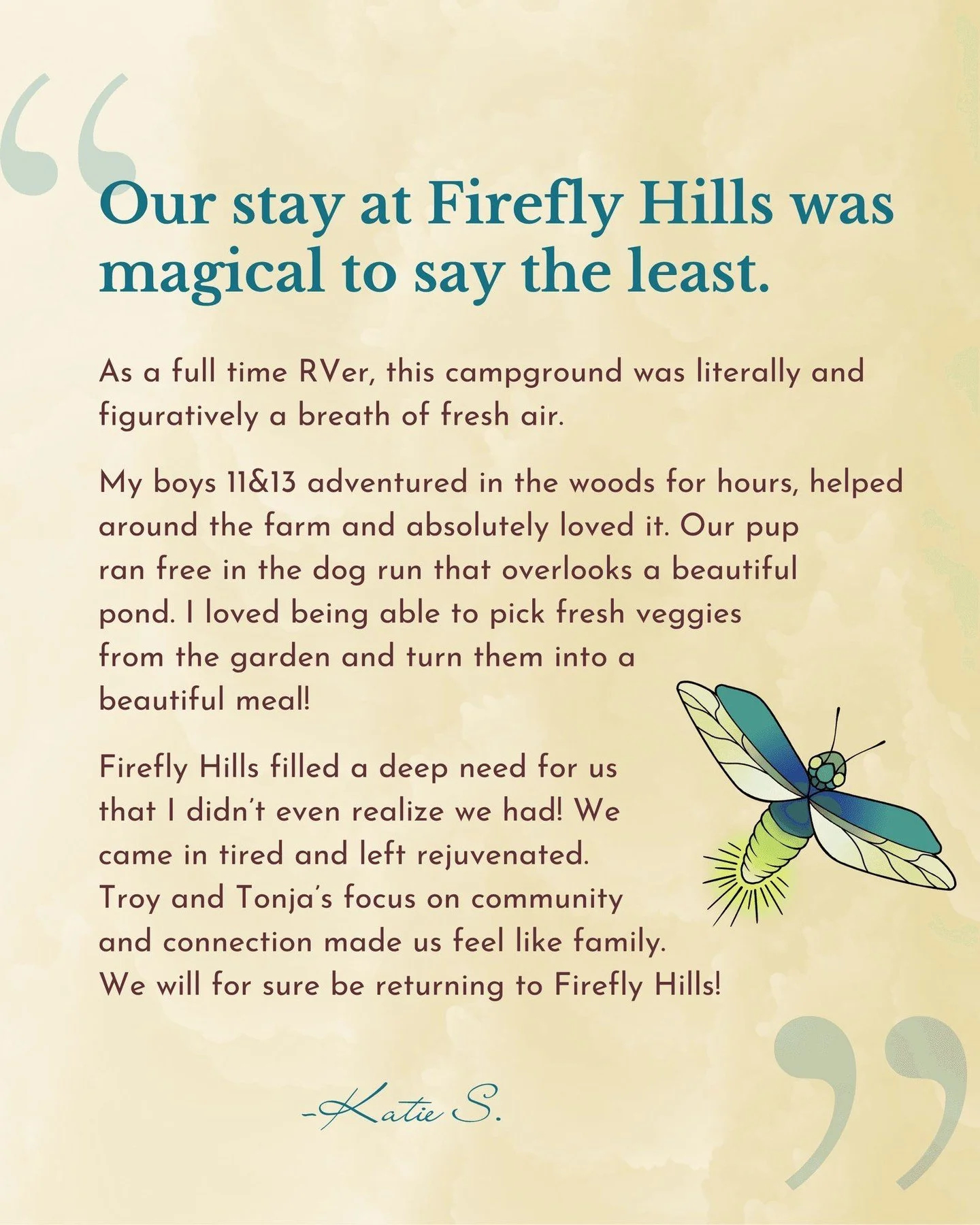 Some reviews capture exactly what we hope Firefly Hills can be for our guests. 

A place where kids can explore, dogs can run, dinner can come from the garden, and families can slow down and reconnect.

&ldquo;We came in tired and left rejuvenated.&r