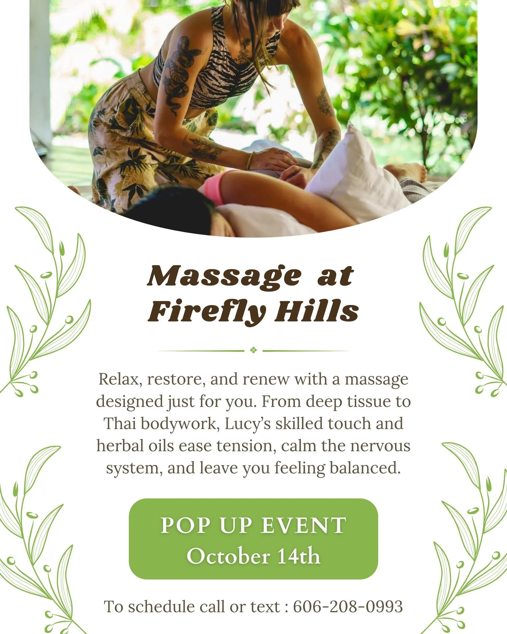 Massage at Firefly Hills, October 14!

Whether you have been hiking the Gorge, climbing, or simply need a little time to relax, join us for a massage in our historic farmhouse with massage therapist Lucy.

Choose from traditional massage or Thai mass