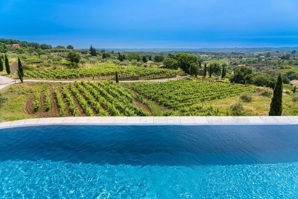 Monaci delle Terre Nere Etna infinity pool overlooking vineyard terraces and Ionian Sea