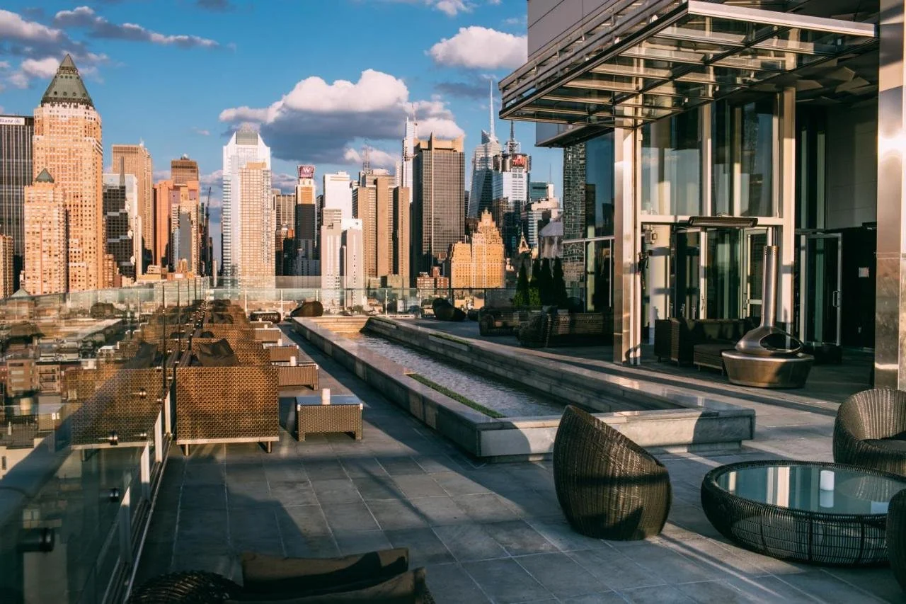 Ink 48 Hotel New York rooftop terrace with panoramic Midtown Manhattan skyline view