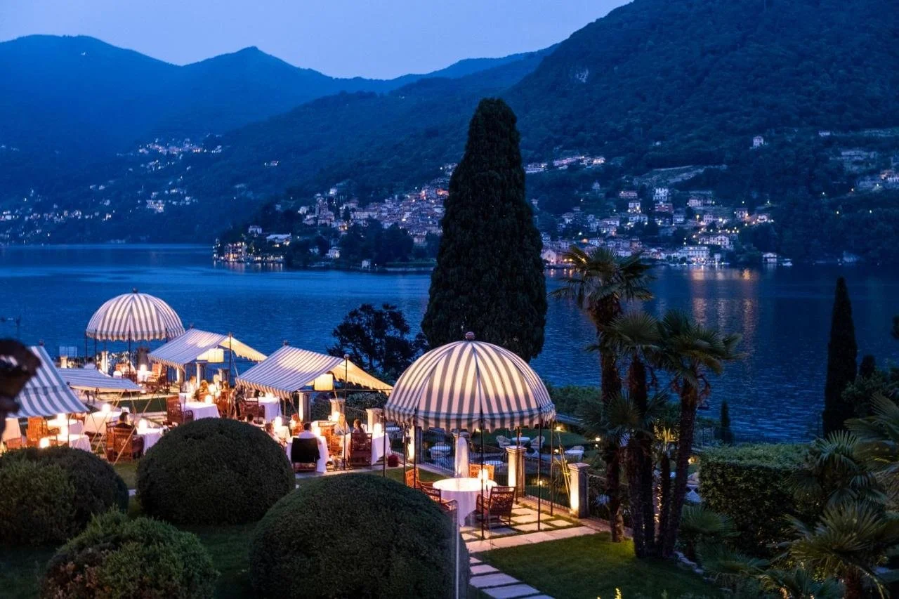 Passalacqua Lake Como romantic alfresco dining setting at night