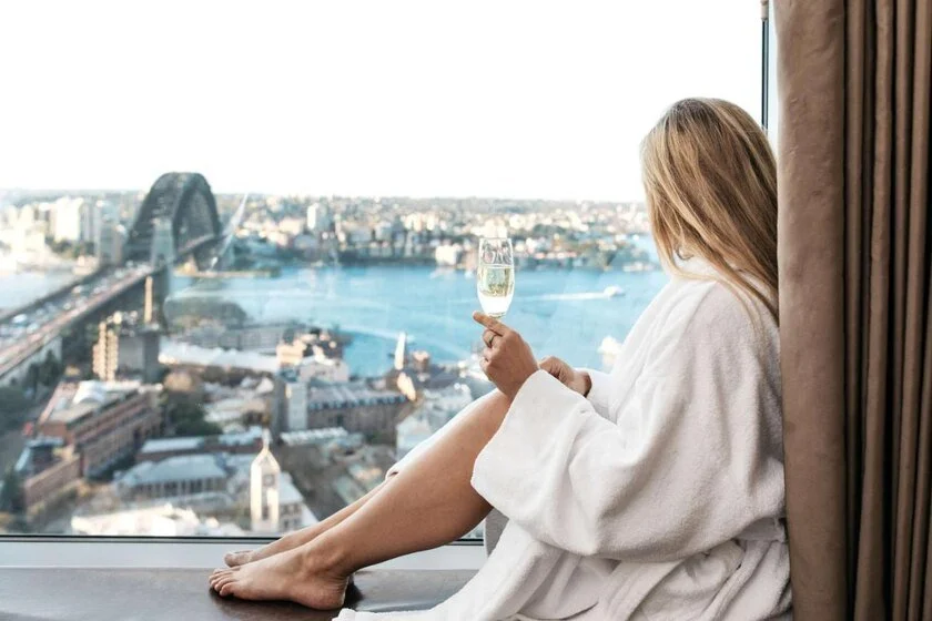 Shangri-La Sydney high-floor room view of Sydney Harbour Bridge and harbour from The Rocks