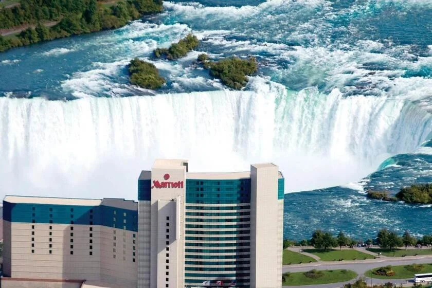 Niagara Falls Marriott Fallsview Hotel and Spa Niagara Falls aerial view of hotel complex with full width of Horseshoe Falls cascade directly behind