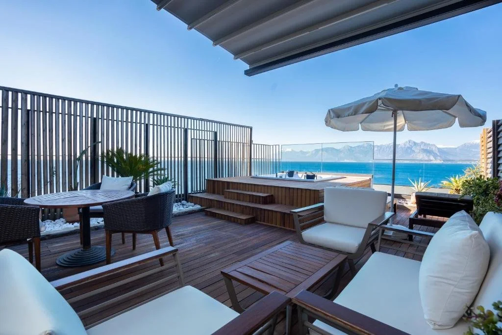 Perge Hotels Antalya private rooftop terrace with hot tub and panoramic Mediterranean Sea and Taurus Mountain view