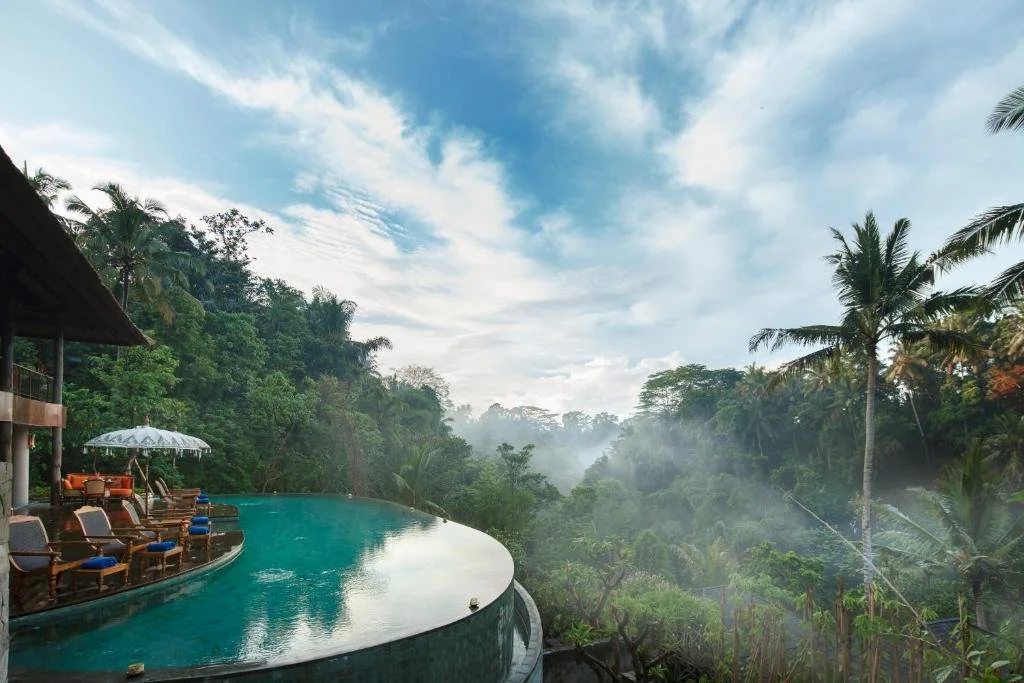 Natya Resort Ubud Bali curved infinity pool with loungers overlooking misty jungle valley and palm trees