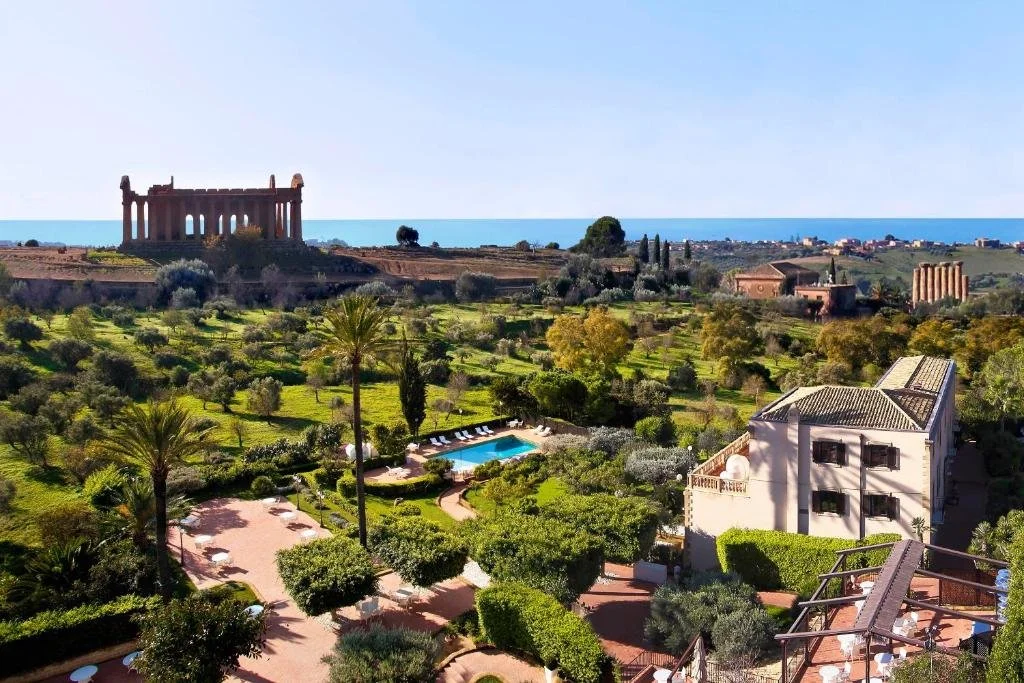 Hotel Villa Athena Agrigento aerial view with Temple of Concordia and Mediterranean Sea
