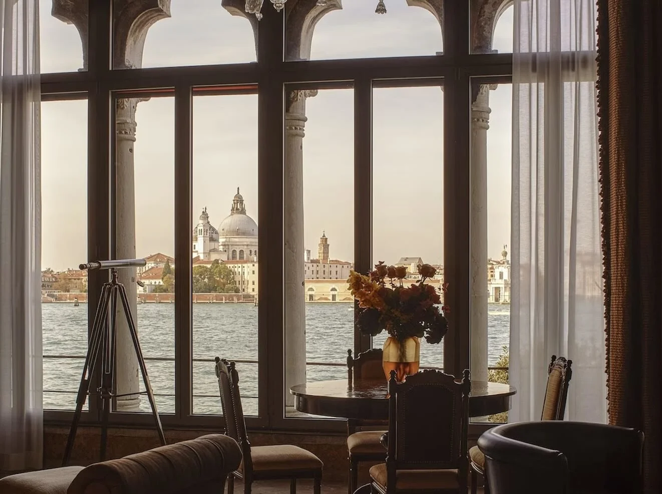 Hotel Cipriani Belmond Venice public hotel area with telescope on Giudecca Island