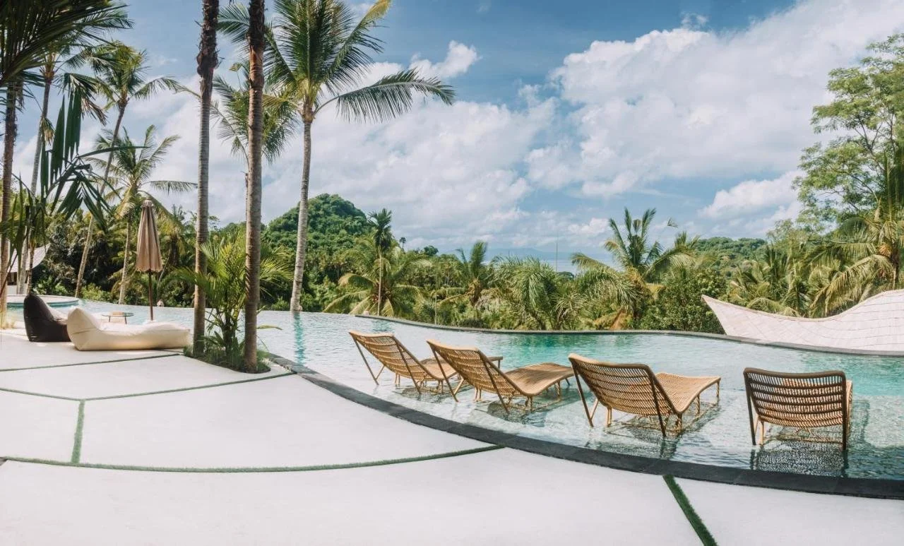 Neano Escape Manggis Bali curved infinity pool with in-water rattan sun chairs facing palm trees and green hillside with ocean beyond