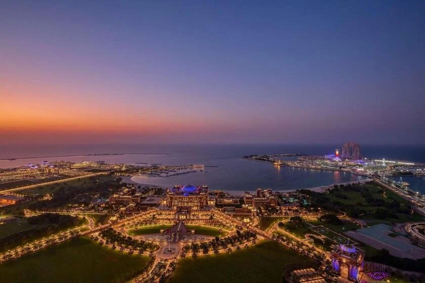 Grand Hyatt Abu Dhabi panoramic sunset view of Emirates Palace and Presidential Palace