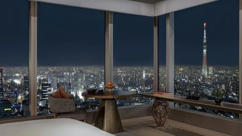 Four Seasons Tokyo Otemachi sweeping view of Tokyo from above and Tokyo Skytree