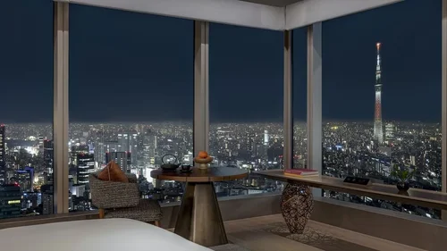 Mid-range hotel in Tokyo with rooftop view of city skyline