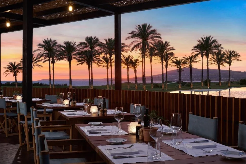 Verdura Resort Sciacca restaurant terrace at sunset with palm trees and Mediterranean sea view