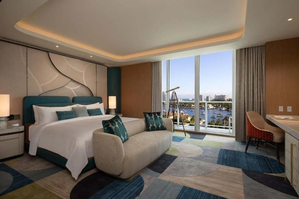 Pier Sixty-Six Fort Lauderdale hotel room with Intracoastal Waterway view, marina with boats and city skyline
