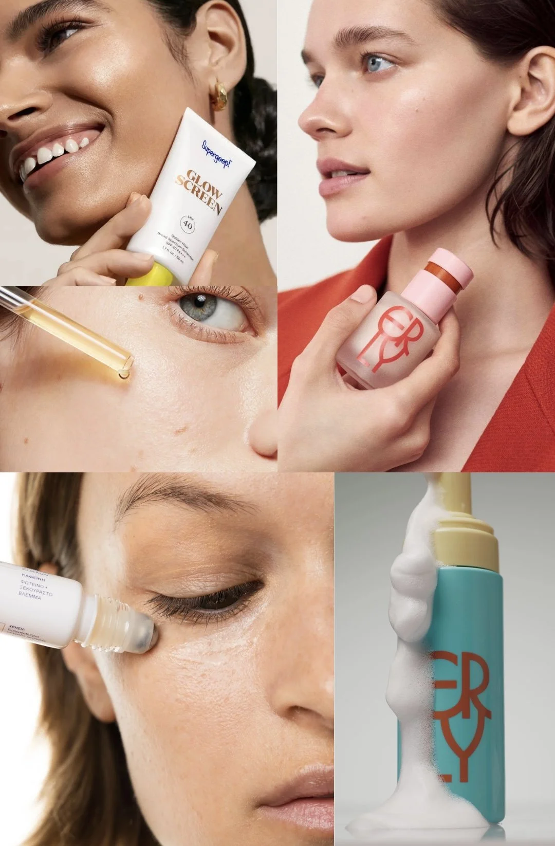 Collage of skincare and beauty products being applied to women’s faces, including sunscreen, serums, and cleansers, with women having clear, glowing skin.
