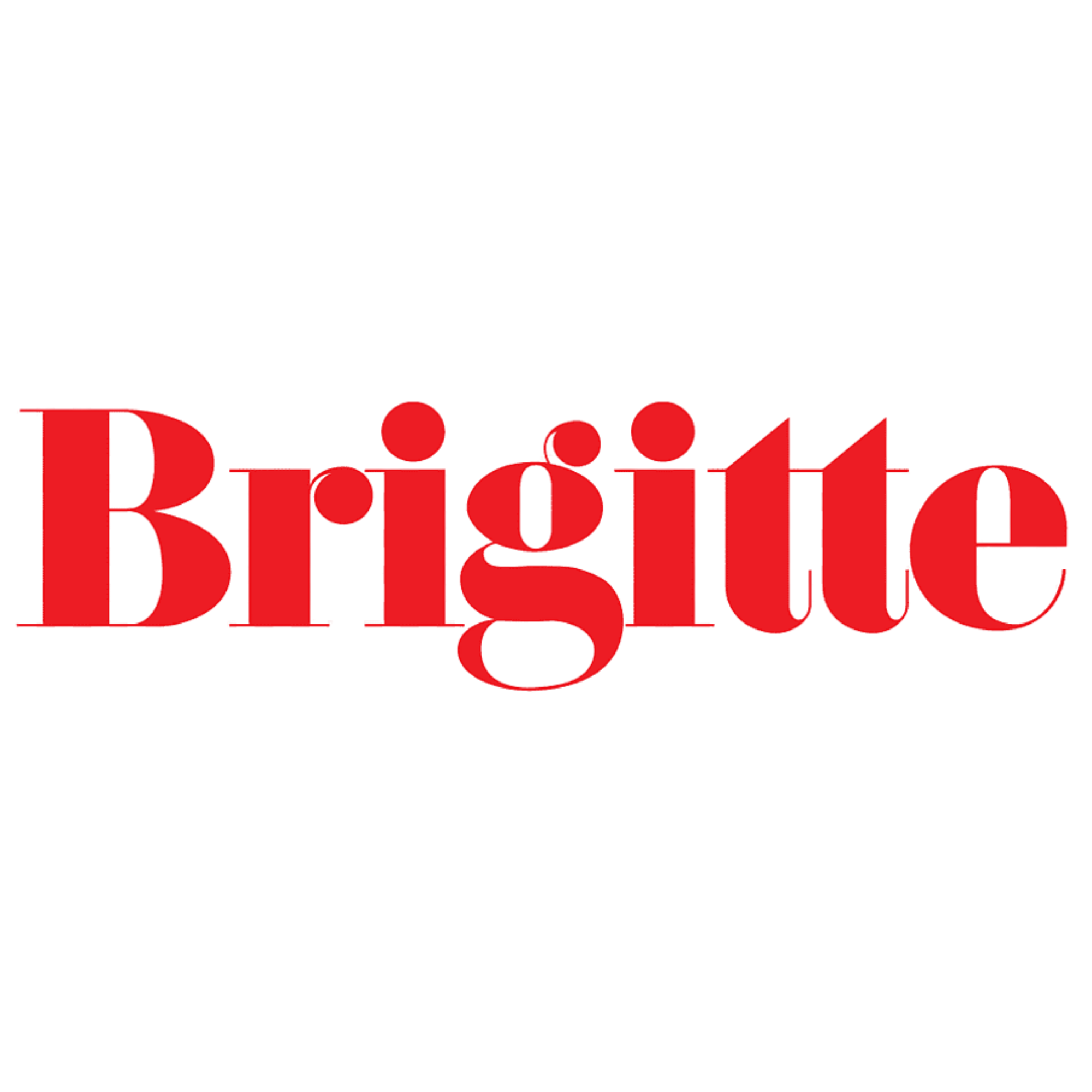 Close-up of the Brigitte logo in black and red.